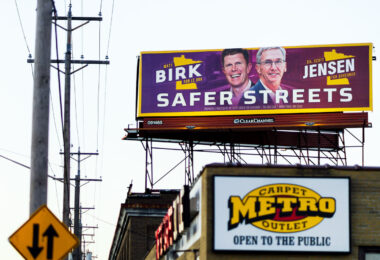 A billboard for candidate for Governor Scott Jensen and Matt Birk in North Minneapolis.