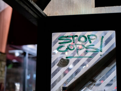 Stop Cops! Graffiti on George Floyd Square Bus Shelter
