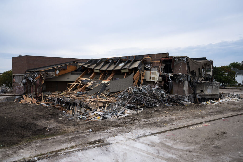 Demolition of the US Bank building on East Lake Street. The building was damaged by fire during unrest.