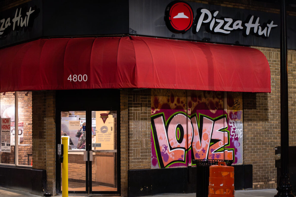 LOVE mural on the side of Pizza Hut