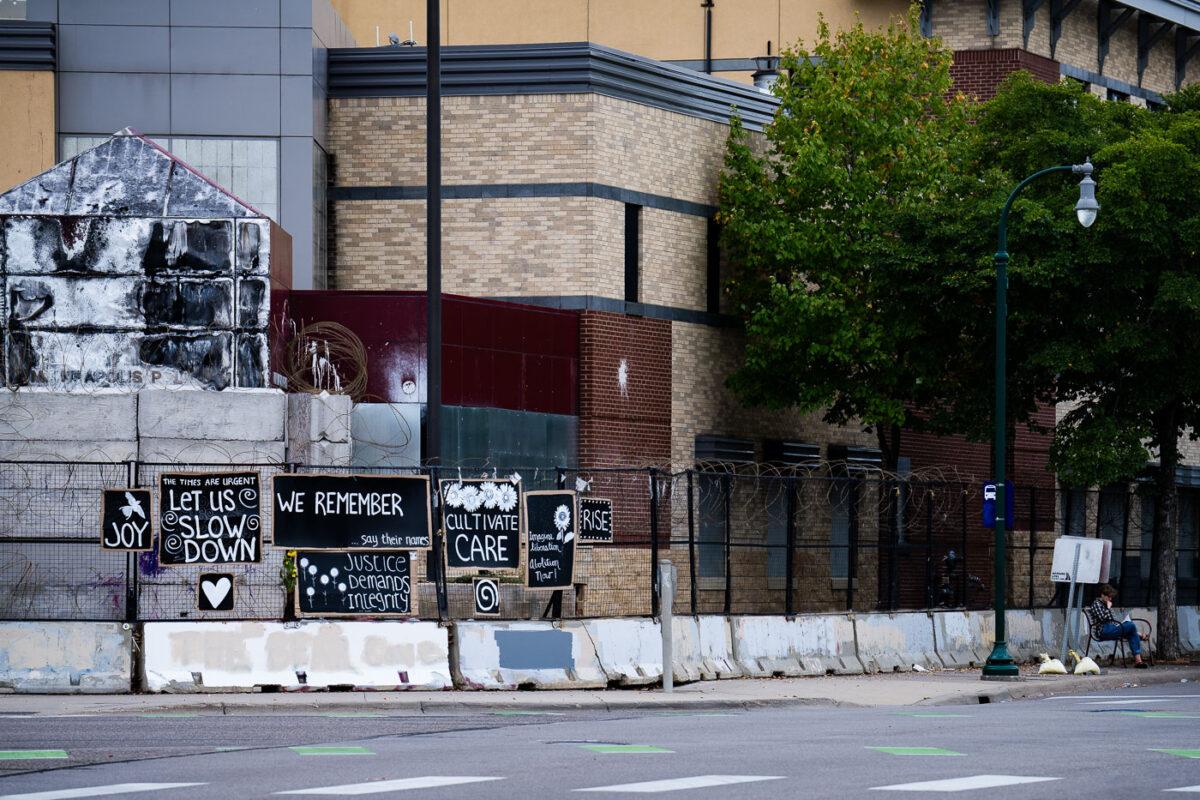 We Remember signs at Minneapolis Police Station