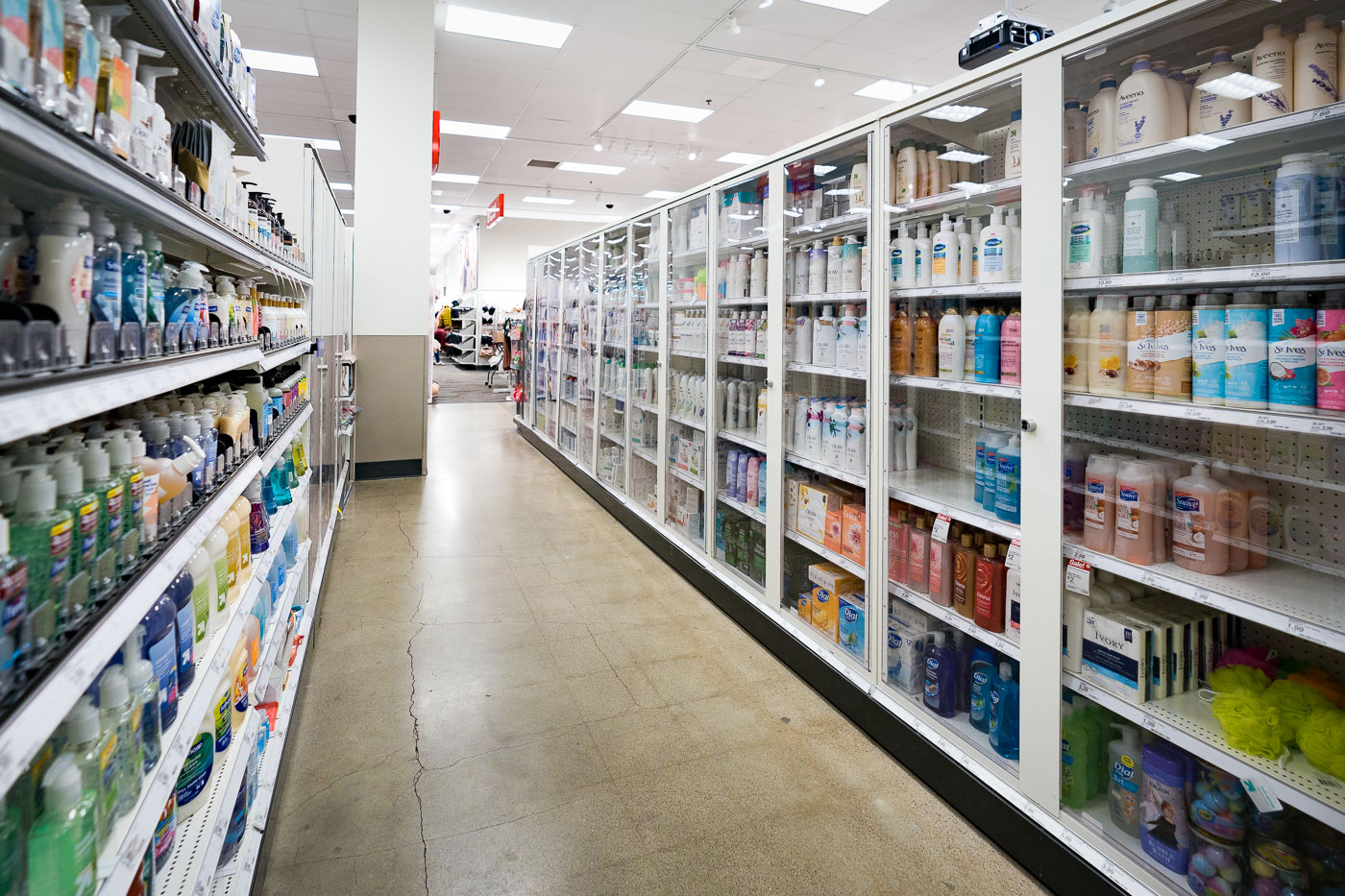 Items behind locked cabinets at the flagship Target store in downtown Minneapolis.