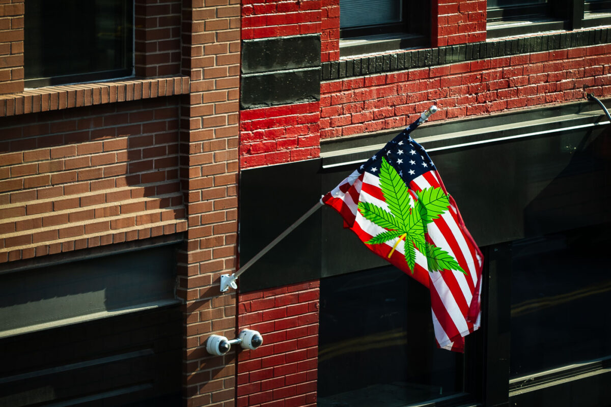 A flag hanging in downtown Minneapolis.