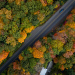 An aerial view captures the dense fall canopy around Lake Minnetonka in Deephaven, where mature hardwoods and pines create a patchwork of orange, yellow, and deep red. Many of the winding roads in this part of the Lake Minnetonka shoreline were laid out in the early 20th century as the area transitioned from summer cottages to year-round neighborhoods. Today the tree cover remains one of Deephaven’s defining features, with protected woodland corridors and long-established residential plots preserving the character of this lakeside community.