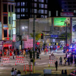 Thousands of costumed people downtown last night for various parties. Part of 1st Avenue was closed for Warehouse District Live with food trucks, arcades, and basketball hoops. Saw lots of bananas.