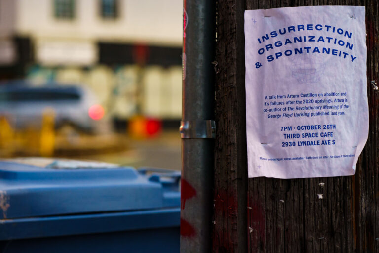 Insurrection Organization & Spontaneity 1 A flyer advertising a speaking event by Arturo Castillon.