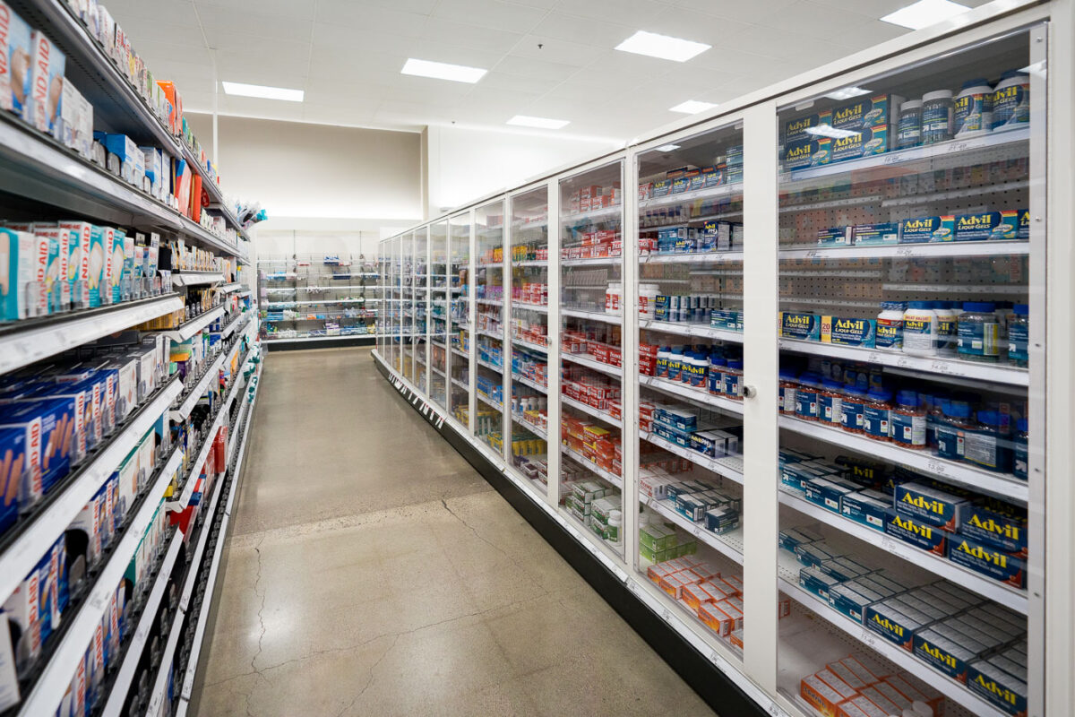 Items behind locked cabinets at the flagship Target store in downtown Minneapolis.