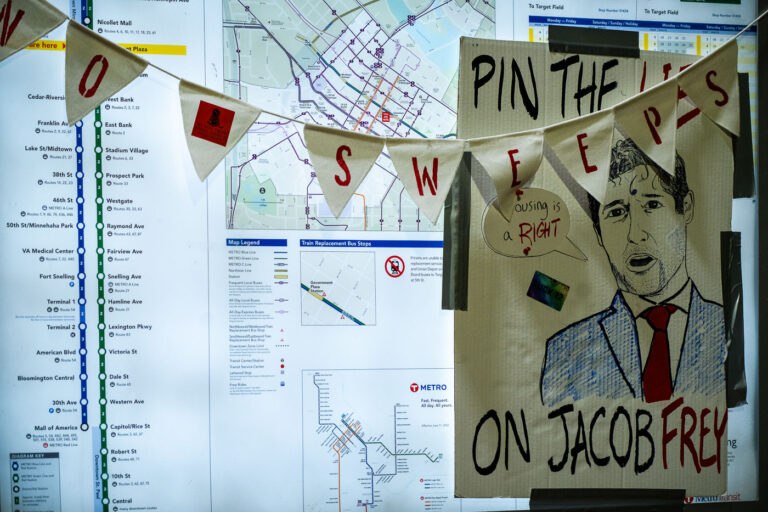 No Sweeps Jacob Frey protest at Minneapolis City Hall 2 Protesters holding space at City Hall. They say they demand "a complete moratorium on the clearing of encampments, clear guidelines regarding the encampments and proof of funding for more permanent housing for unhoused residents and people in need"