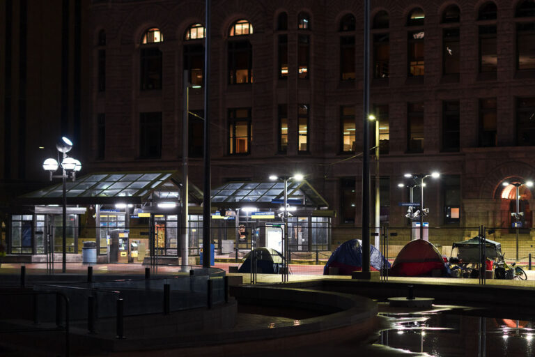 Protest Encampment at Minneapolis City Hall 2 Protesters holding space at City Hall. They say they demand "a complete moratorium on the clearing of encampments, clear guidelines regarding the encampments and proof of funding for more permanent housing for unhoused residents and people in need"