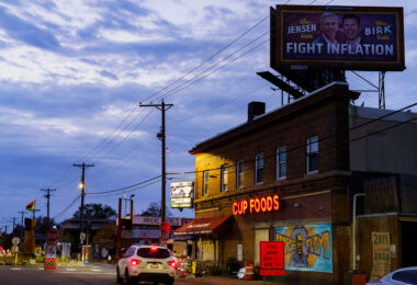 Scott Jensen, the GOP challenger to Governor Tim Walz, has his face on a billboard directly above the George Floyd mural at George Floyd Square.