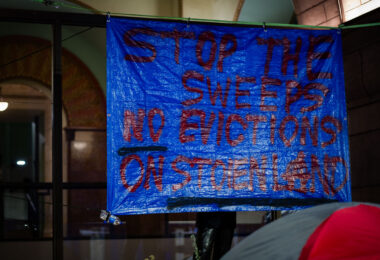 Protesters holding space at Minneapolis City Hall. They say they demand "a complete moratorium on the clearing of encampments, clear guidelines regarding the encampments and proof of funding for more permanent housing for unhoused residents and people in need”.