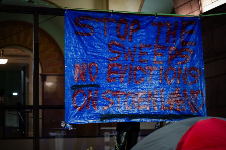 Stop The Sweeps No Evictions On Stolen Land 4 Protesters holding space at Minneapolis City Hall. They say they demand "a complete moratorium on the clearing of encampments, clear guidelines regarding the encampments and proof of funding for more permanent housing for unhoused residents and people in need”.