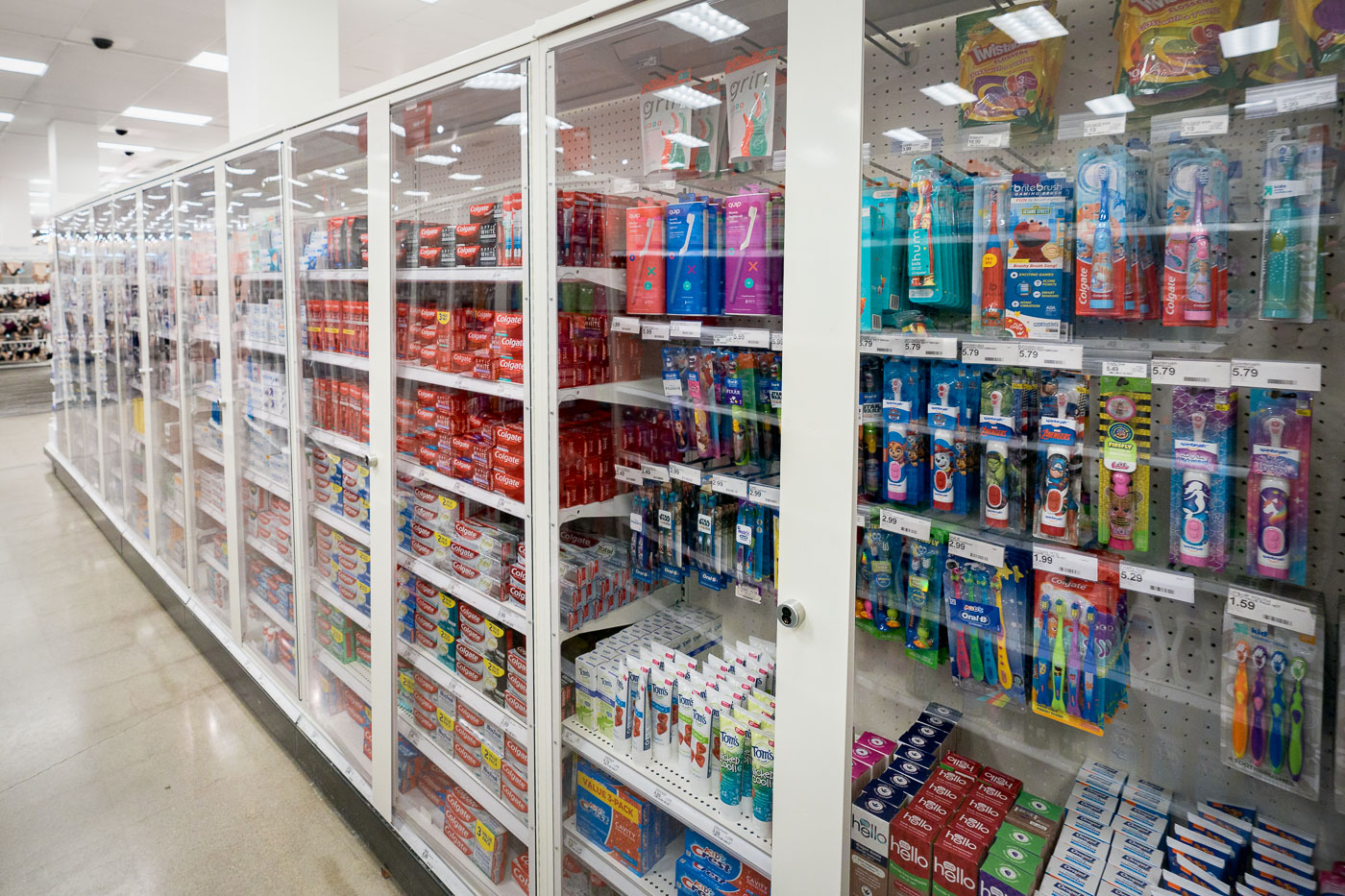 Items behind locked cabinets at the flagship Target store in downtown Minneapolis.