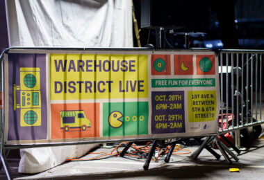 A Warehouse District Live sign in Downtown Minneapolis as seen on Halloween.
