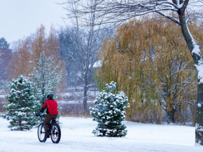 Biker on Lake of the Isles, Minneapolis, in first snowfall