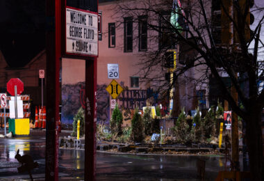 George Floyd Square in a late fall November rain. The intersection has been a place off protest since the May 25, 2020 murder of George Floyd.