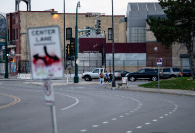 The former Minneapolis police third precinct. The precinct was burned by protesters in May 2020 following the murder of George Floyd.