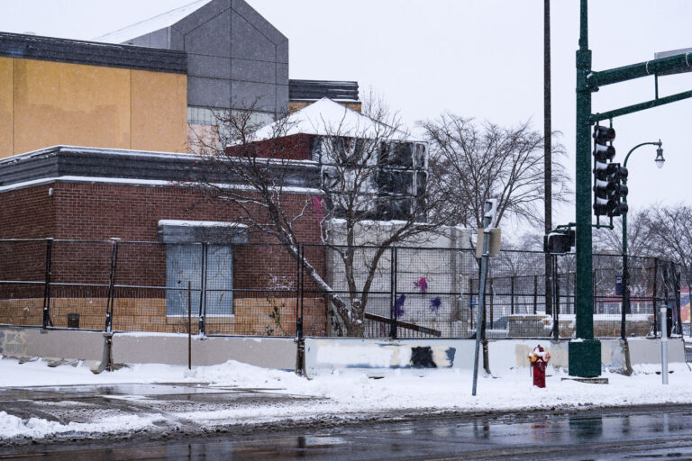 Minneapolis Police Station during November 2022 snowfall 3 The former Minneapolis Police third precinct in South Minneapolis. The precinct was burned in 2020 by protesters following the May 25, 2020 murder of George Floyd.