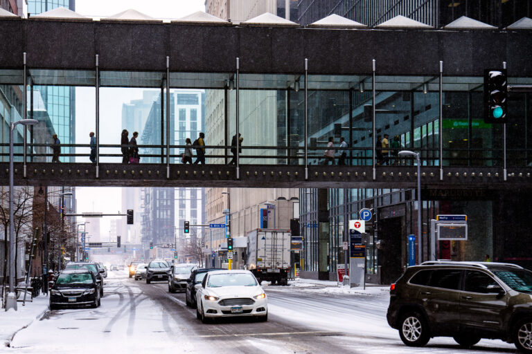 IDS Center Skyway across Marquette Avenue in Minneapolis 2 Outside the IDS Center in downtown Minneapolis during the first snowfall of the season.