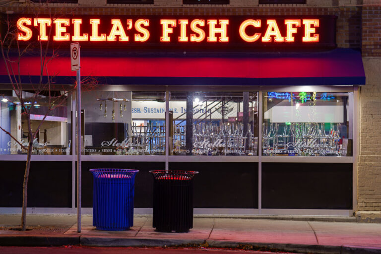 Stella's Fish Cafe at night in Uptown Minneapolis 1 Stella's Fish Cafe on Lake Street in Minneapolis.