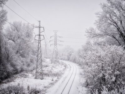 Power lines and railroad tracks in snow, Minneapolis