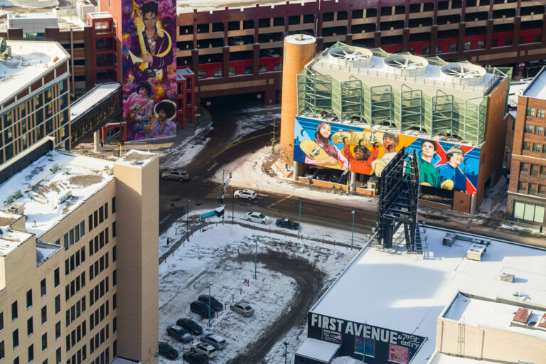 Downtown Minneapolis Prince mural 1 Prince mural in downtown Minneapolis near First Avenue.