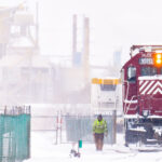 Train during a snowstorm at Quincy and Eastman in Green Bay, WI.