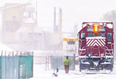 Train during a snowstorm at Quincy and Eastman in Green Bay, WI.