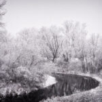 A heavy December 15, 2022 snowfall blankets the woodlands of Theodore Wirth Park in Minneapolis, transforming the Bassett Creek corridor into a monochrome winter landscape. Snow-laden branches bend over the slow curve of the creek, whose dark, unfrozen water provides one of the few contrasts against the dense white canopy. This stretch of Wirth Park—one of the largest urban parks in the Minneapolis park system—follows the natural course of the creek as it winds between restored wetlands, wooded slopes, and ski trails that date back to mid-20th-century park development efforts. The image captures the quiet, insulated atmosphere common in early-season snowstorms, when the park’s trails, waterway edges, and mature hardwoods take on a uniform, frost-covered texture.