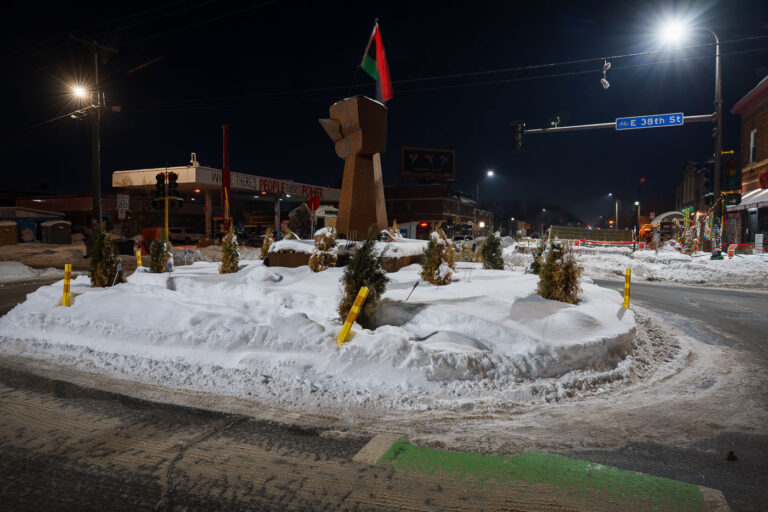 George Floyd Square after snowfall 4 The first at the intersection of 38th and Chicago Avenue on January 7, 2023 in Minneapolis near where George Floyd was murdered. The area has been an active protest zone since May 2020 and is known as George Floyd Square.
