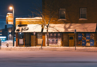A Minnehaha Liquors sign on the 27th Ave side of the block the liquor store used to stand. The store was burned down in 2020 during unrest over the murder of George Floyd.