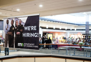 We're Hiring! Minnesota Department of Corrections signage at the Mall of America in Bloomington.