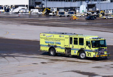 An airport fire truck at Minneapolis-St. Paul International airport.
