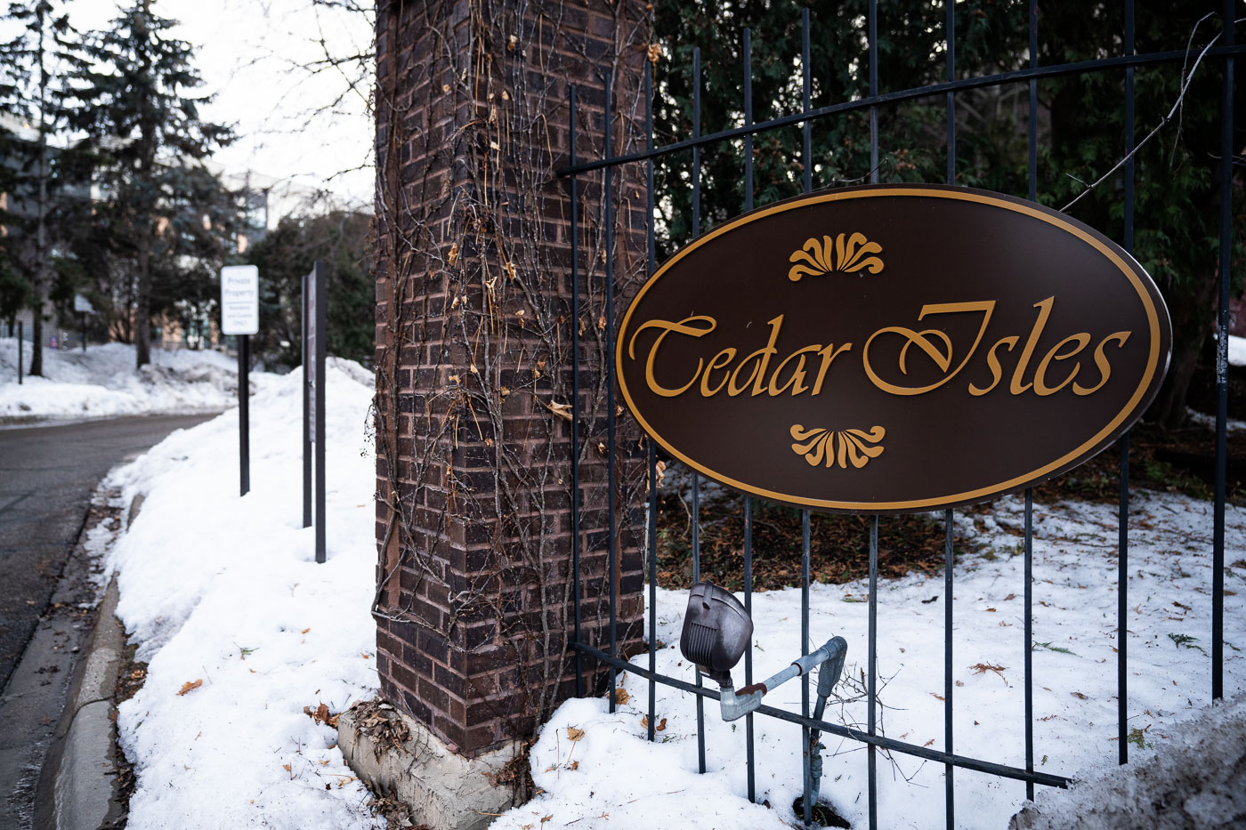Cedar Isles sign with snow in Minneapolis