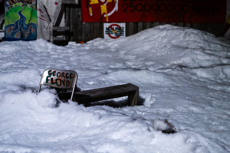 George Floyd chair in the snow 4 A chair with "George Floyd" written on it in the snow at Say Their Names Cemetery on February 18, 2023.