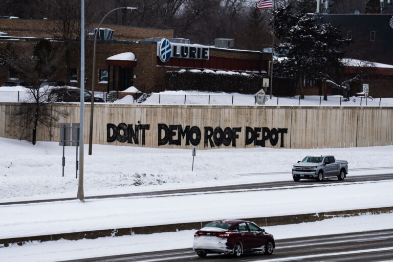 DONT DEMO ROOF DEPOT 4 “DONT DEMO ROOF DEPOT” is the message on 394 as environmental groups continue the years long fight over a South Minneapolis warehouse and pollution. The city wants their public works facilities on the former EPA superfund site. Community groups want housing and an urban farm.