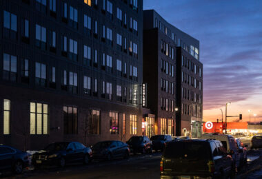 Everlake Apartments in South Minneapolis on February 18, 2023. The building was destroyed by fire during construction during riots following the murder of George Floyd in May 2020.