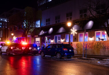 Minneapolis Police parked outside Fire House bar/restaurant in Uptown Minneapolis.

Graffiti that reads “No Good cops. No bad protesters”