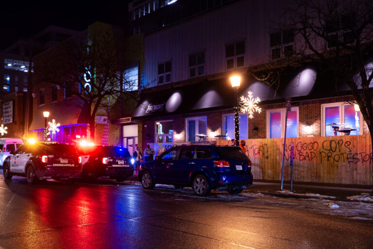 Fire House bar on Lagoon Ave in Uptown Minneapolis 3 Minneapolis Police parked outside Fire House bar/restaurant in Uptown Minneapolis.Graffiti that reads “No Good cops. No bad protesters”