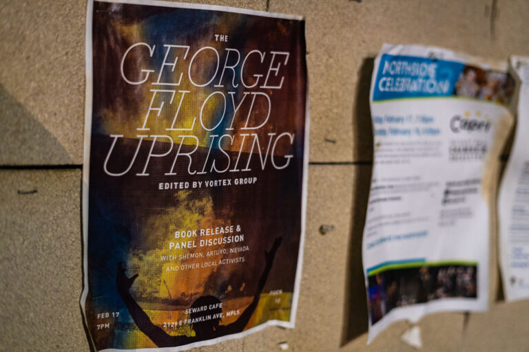 The Gorge Floyd Uprising by Vortex Group 3 A flyer for "The George Floyd Uprising" book by "Vortex Group" seen at George Floyd Square on February 18, 2023.