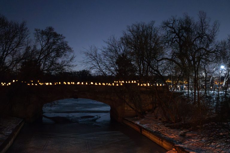 Lake of the Isles Channel during the Luminary Loppet in Minneapolis 4 Lights on the Lake of the Isles Bde Maka Ska Channel in 2023