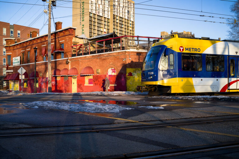 Metro Transit train in Cedar Riverside in February 2023 2 Train moves through the Cedar Riverside train station in South Minneapolis on February 19, 2023.