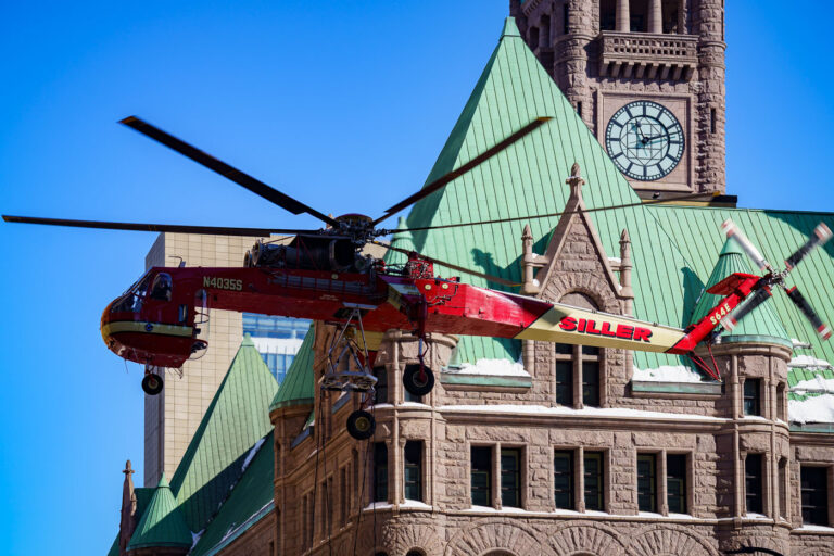 Sikorsky S-64 Skycrane in Downtown Minneapolis 3 A heavy-lift Sikorsky S-64 Skycrane Helicopter in downtown Minneapolis bringing HVAC materials to the US Bank Plaza roof.