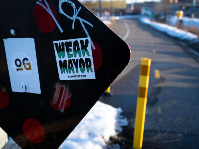 Weak Mayor Sticker on Midtown Greenway, Minneapolis
