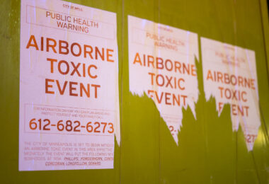 A flyer in Minneapolis that leads people to call a phone line with a recorded message regarding the demolition of the Roof Depot building.