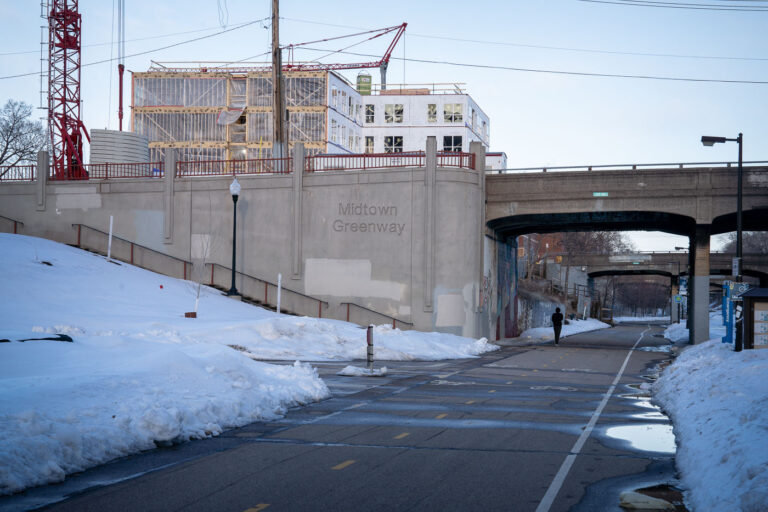 Midtown Greenway Bike Trail 3 Midtown Greenway and 11th Ave in Minneapolis on March 19, 2023.