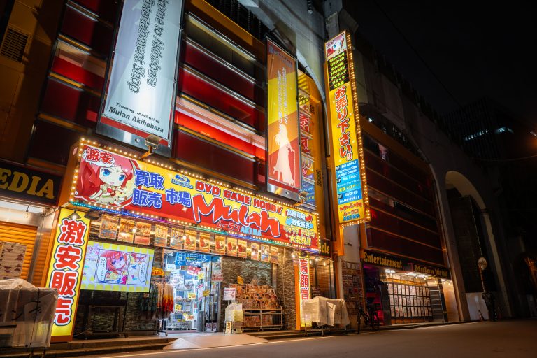 Mulan Akihabara, DVD Game Hobby Shop, Tokyo 1 Illuminated entertainment storefronts with Japanese signage line a nighttime urban street.