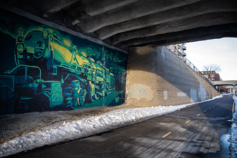 Reggie LeFlore Mural on Midtown Greenway 1 A train mural by Reggie LeFlore on the Midtown Greenway in South Minneapolis.
