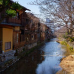 A view along the Shirakawa Stream from the Tatsumibashi Bridge in Kyoto’s Gion district, photographed in March 2023. This narrow waterway flows parallel to Shijo-dori and is lined with traditional wooden machiya, many of which date back to the early 20th century and once housed teahouses and restaurants serving the geiko and maiko communities.

The Shirakawa area has long been considered one of Kyoto’s most atmospheric neighborhoods, with stone embankments, bamboo fencing, and low bridges that reflect centuries of urban design shaped around natural waterways. Although the cherry trees here remain bare in early spring, this stretch becomes one of Kyoto’s most visited spots during sakura season, when blossoms arch over the stream and lantern-lit evenings draw crowds from around the world.