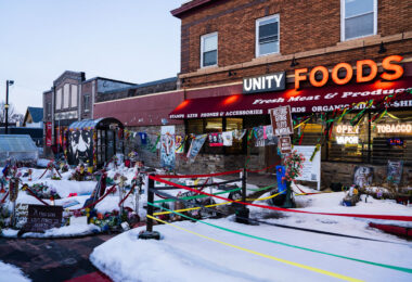 The George Floyd Memorial inside George Floyd Square on Chicago Avenue in South Minneapolis.